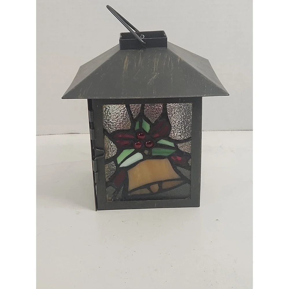 Vtg Stained Glass Christmas‎ Bell Lantern Tea Light Votive Candle Holder